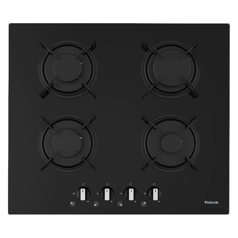 Plaque de cuisson Focus F.409B gaz 4 feux 60 cm verre noir